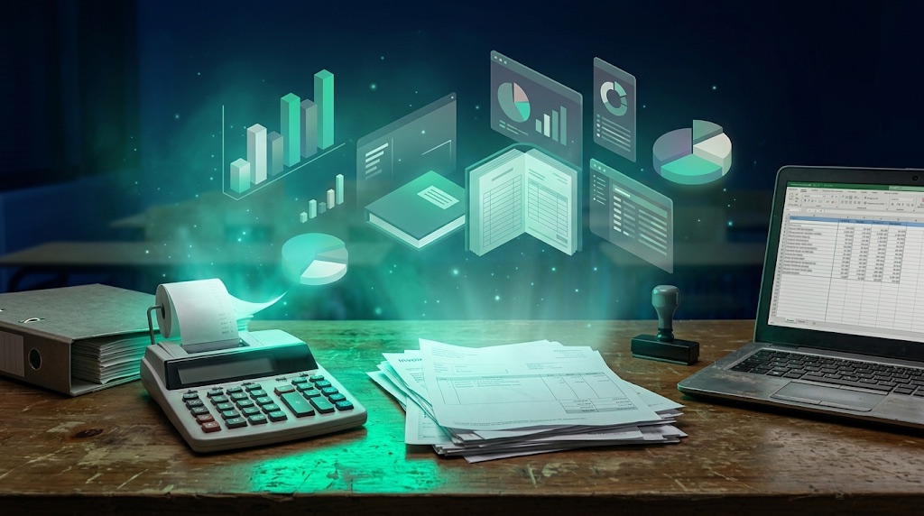 Calculadora y facturas de las que sale la contabilidad de la empresa