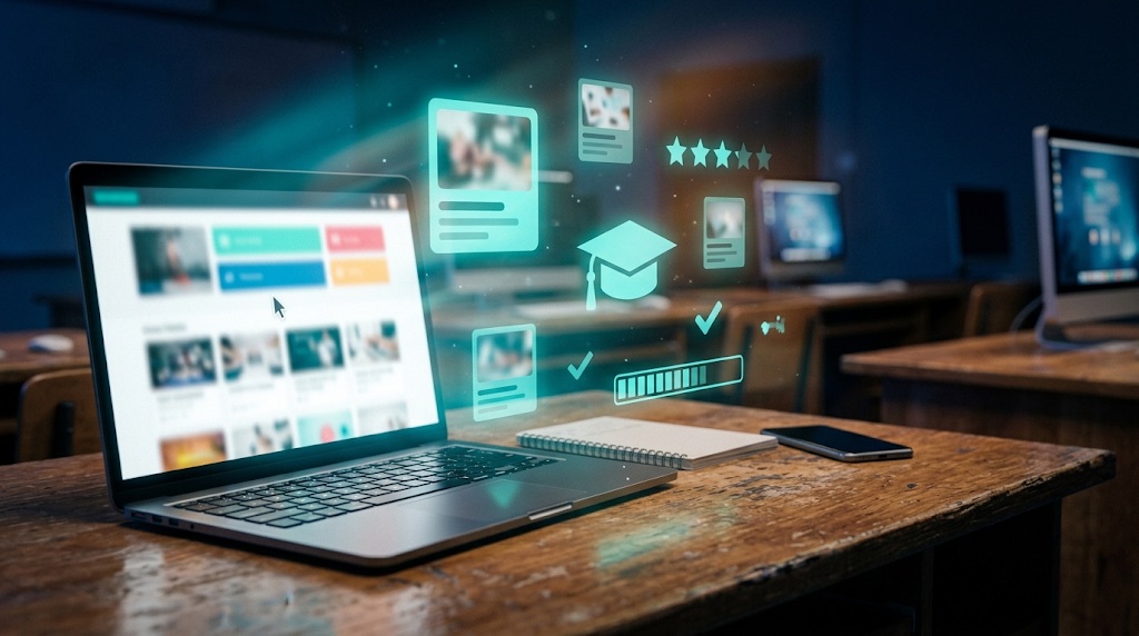 Un portátil con el campus virtual del que salen cursos y notas
